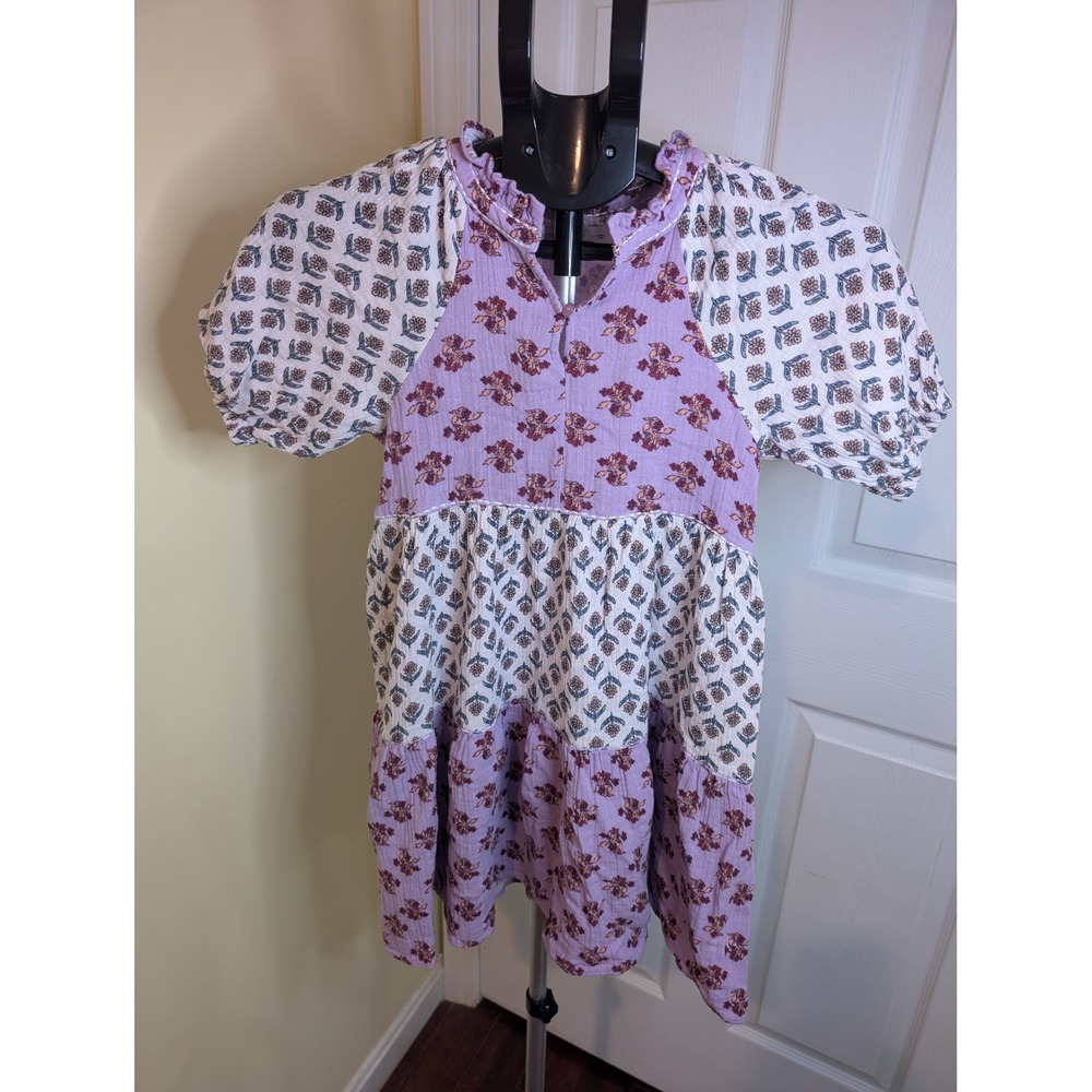 Zara Tiered Dress Kids Size 7 Lilac Floral Block Print Boho Puff Sleeve Gauze